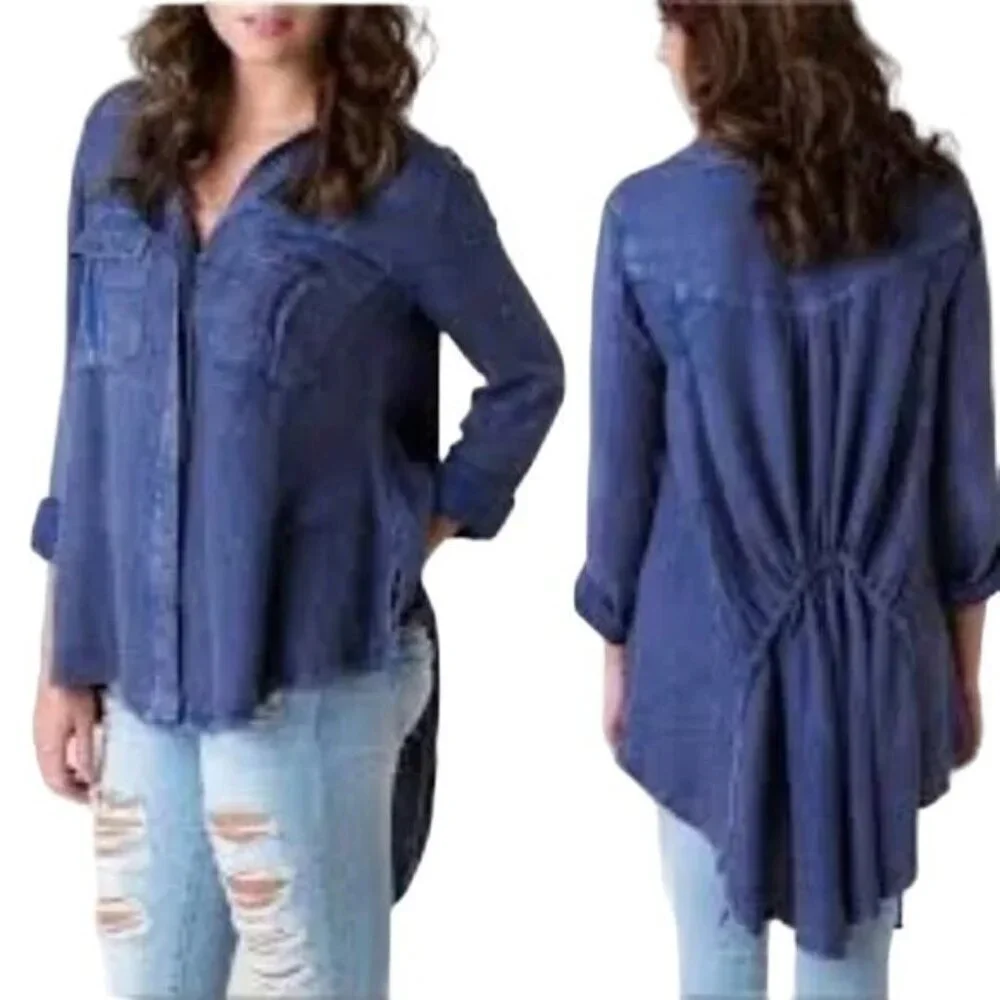 Free People Blue High-Low Button Down Top